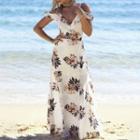 Cold-shoulder Floral Slit-front Maxi A-line Dress