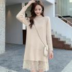 Lace Panel Buttoned Ribbed Knit Dress