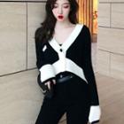 Cropped Color-block Button Sweater Black - One Size