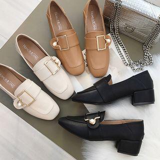 Faux Leather Buckled Block Heel Loafers