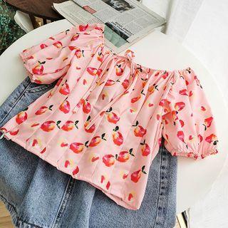 Printed Puff-sleeve Cropped Blouse