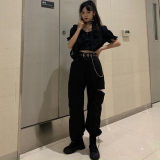 Bow Detail Short-sleeve Blouse / Zip Detail Cropped Harem Pants / Faux Leather Belt