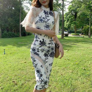 Traditional Chinese Elbow-sleeve Lace Paneled Sheath Dress