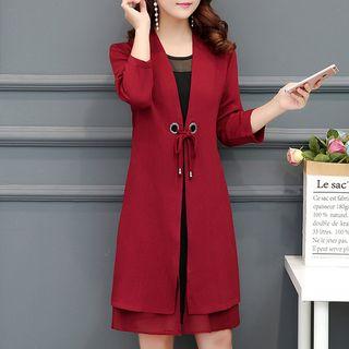 Set: 3/4-sleeve Coat + Sleeveless Mini Dress