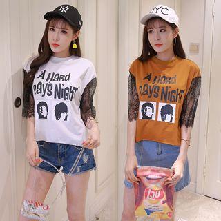 Lace Panel Elbow-sleeve Print T-shirt