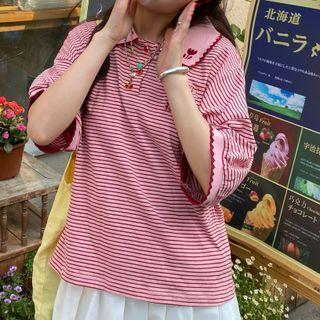 Elbow-sleeve Striped Embroidered Polo Shirt Stripe - White & Red - One Size