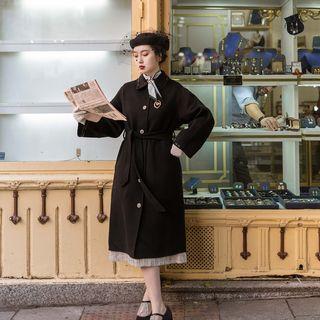 Single-breasted Sashed Long Coat Black - One Size