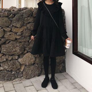Long-sleeve Ruffle Trim Chiffon Dress Black - One Size