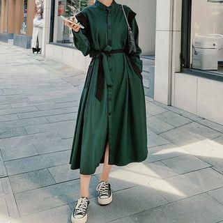 Long Sleeve Cap Shoulder Contrast Trim Midi Shirtdress