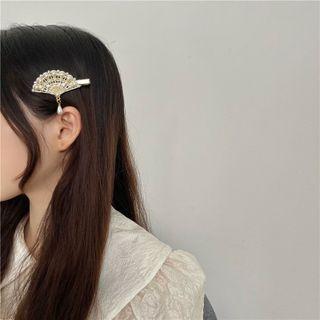 Hand Fan Faux Pearl Rhinestone Hair Clip 1 Pc - Gold - One Size
