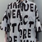 Elbow-sleeve Striped Lettering Print Shirt
