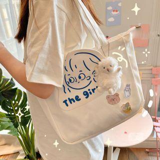 Cartoon Print Tote Bag / Bag Charm / Brooch / Set