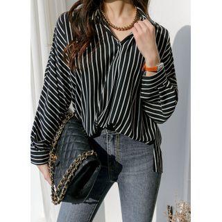 Dolman-sleeve Half-placket Stripe Shirt