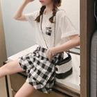 Set: Short-sleeve Embroidered T-shirt + Plaid Shorts