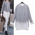 Set: Lace Long-sleeve Top + Crew-neck Sweater