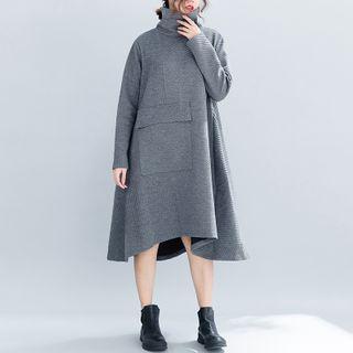 Long-sleeve Turtleneck Midi A-line Dress Gray - One Size