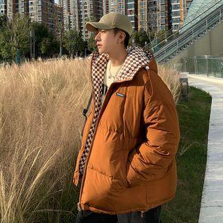 Checkerboard Panel Padded Hooded Zip-up Jacket