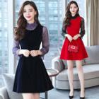 Set: Long-sleeve Mesh Top + Mini A-line Pinafore Dress