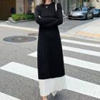 Two-tone Long-sleeve Knit Midi A-line Dress