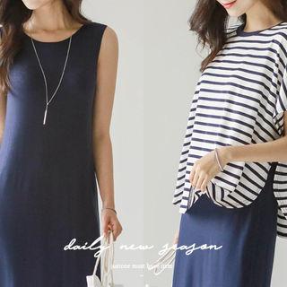 Set: Batwing-sleeve Striped T-shirt + Sleeveless Dress