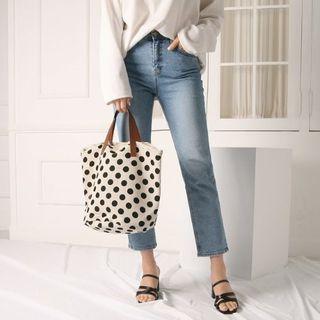 Polka-dot Canvas Tote Beige - One Size