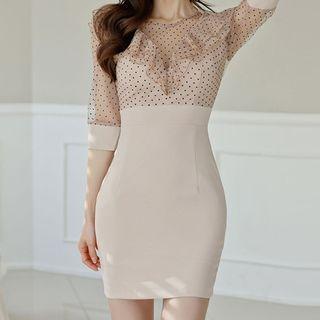 Dotted Mesh Panel Ruffle Trim Mini Bodycon Dress