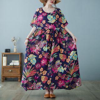 Short-sleeve Floral Maxi A-line Dress Floral - Dark Blue - One Size