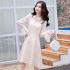 Long-sleeve Collared Tweed A-line Dress