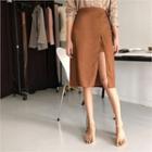 Elasticized-waist Cutout-thigh Midi Skirt