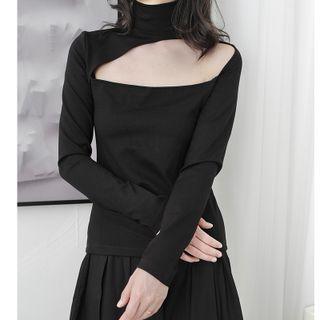 Long-sleeve Mock-turtleneck Plain Irregular Cutout T-shirt