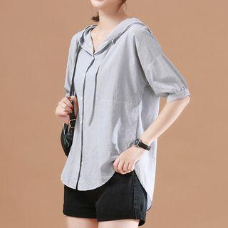 Elbow-sleeve Plain Hooded Blouse