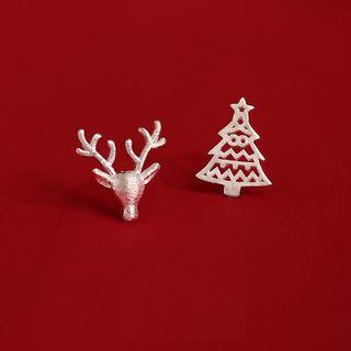 925 Sterling Silver Non-matching Christmas Tree & Deer Earring