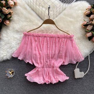 Off-shoulder Faux Pearl Ruffle Chiffon Top