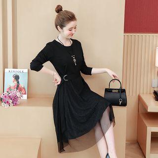 Long-sleeve Paneled Mesh Midi A-line Dress