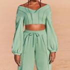 Set: Plain V-neck Long-sleeve Cropped Sweatshirt + High-waist Sweatpants