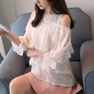 Perforated Cut Out Shoulder 3/4 Sleeve Blouse