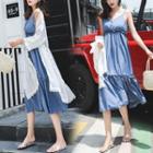 Set: Lace Trim Open-front Jacket + V-neck Spaghetti Strap Dress