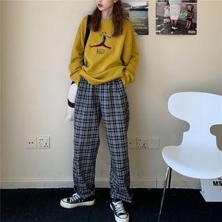 Cartoon Embroidered Sweater / High-waist Plaid Pants