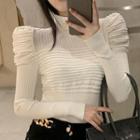 Puff-sleeve Mock Neck Ribbed Knit Top