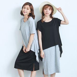 Set: Short Sleeve Asymmetric T-shirt + Spaghetti-strap Slit-side Dress