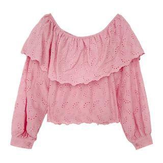 Long-sleeve Off-shoulder Plain Top Pink - One Size