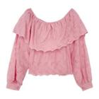 Long-sleeve Off-shoulder Plain Top Pink - One Size