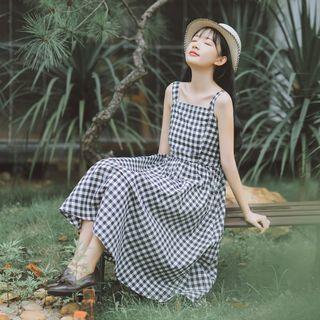 Spaghetti-strap Gingham A-line Midi Dress