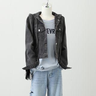 Washed Denim Button-up Hooded Cropped Jacket