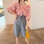 Plaid V-neck 3/4-sleeve Blouse / High-waist Shorts