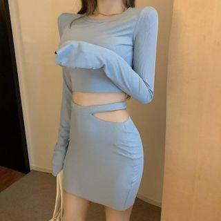Set: Plain Cropped Top + Pencil Skirt Blue - One Size