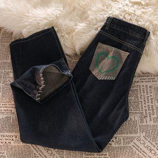 High Waist Heart Applique Wide Leg Jeans