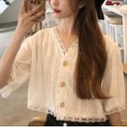 Lace Trim V-neck Eyelet Cropped Blouse White - One Size