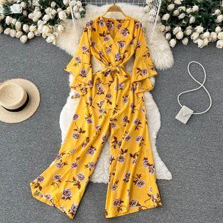 Long-sleeve V-neck Floral Lace-up Wide-leg Jumpsuit