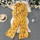 Long-sleeve V-neck Floral Lace-up Wide-leg Jumpsuit
